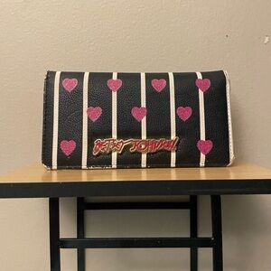 Vintage Betsey Johnson Black & White Stripe Pink Glitter Heart Fold-Over Wallet